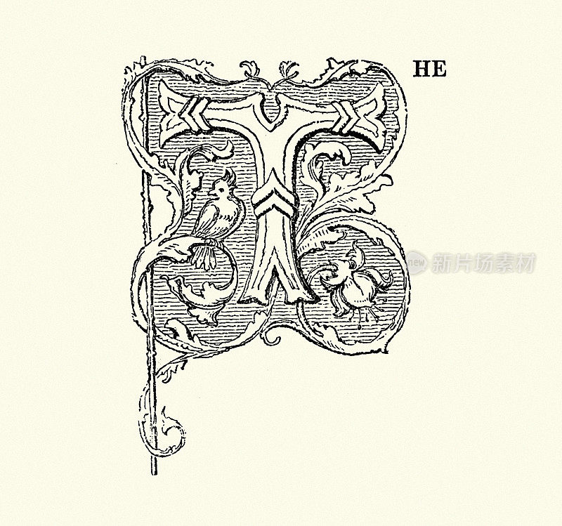 华丽的中世纪风格的古典插图大写字母T, The